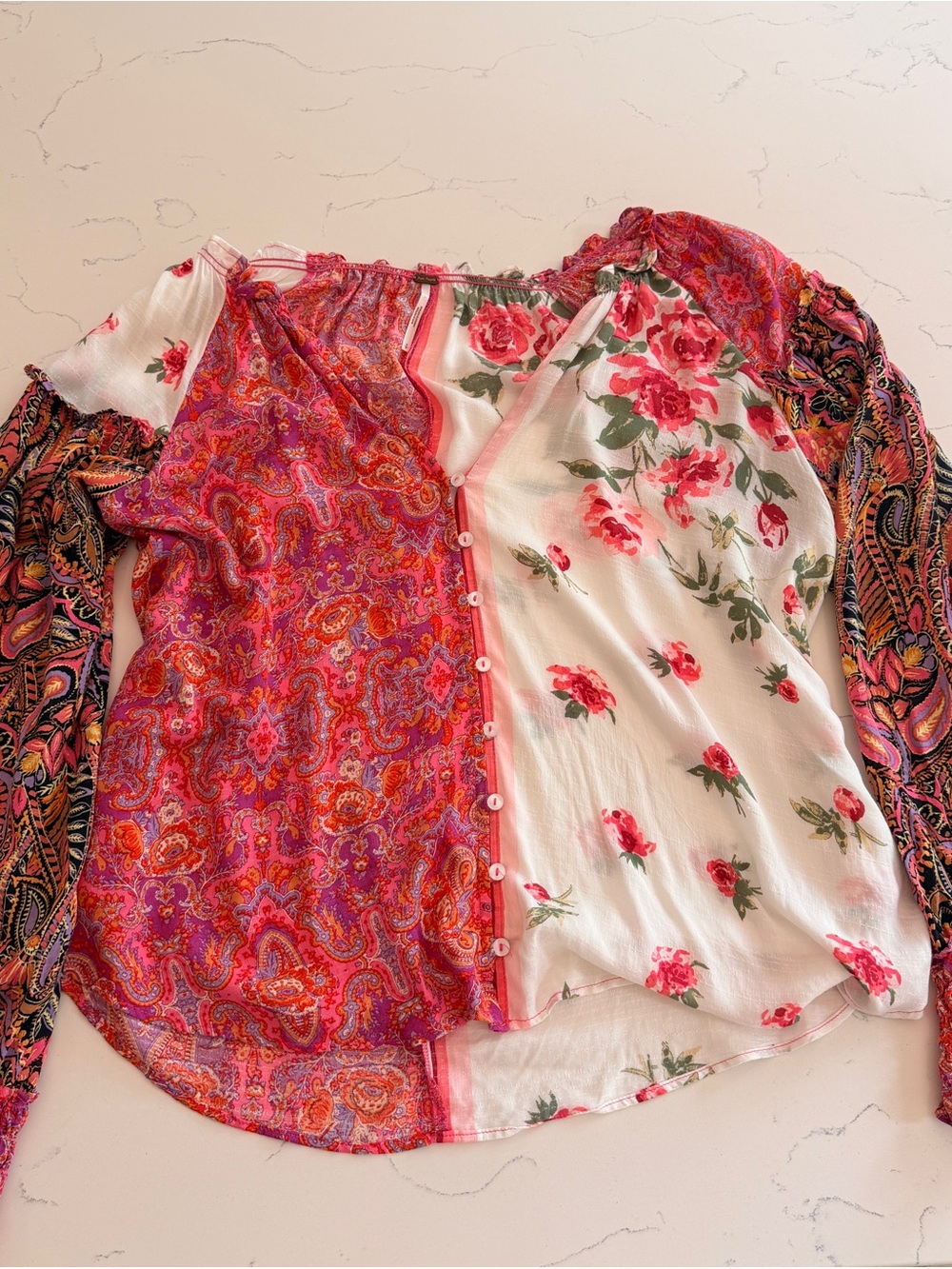 Free People Mixed Print Boho Blouse Small Paisley Floral Peasant Top Cottagecore